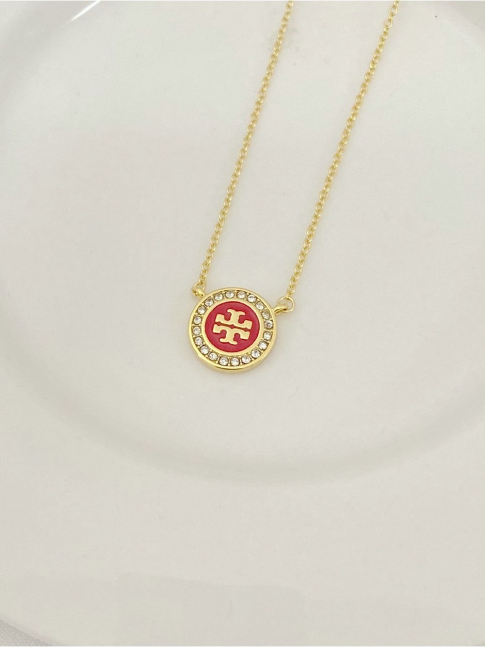 Tory Burch Gold-Tone Necklace with Red Logo and Crystal Halo
